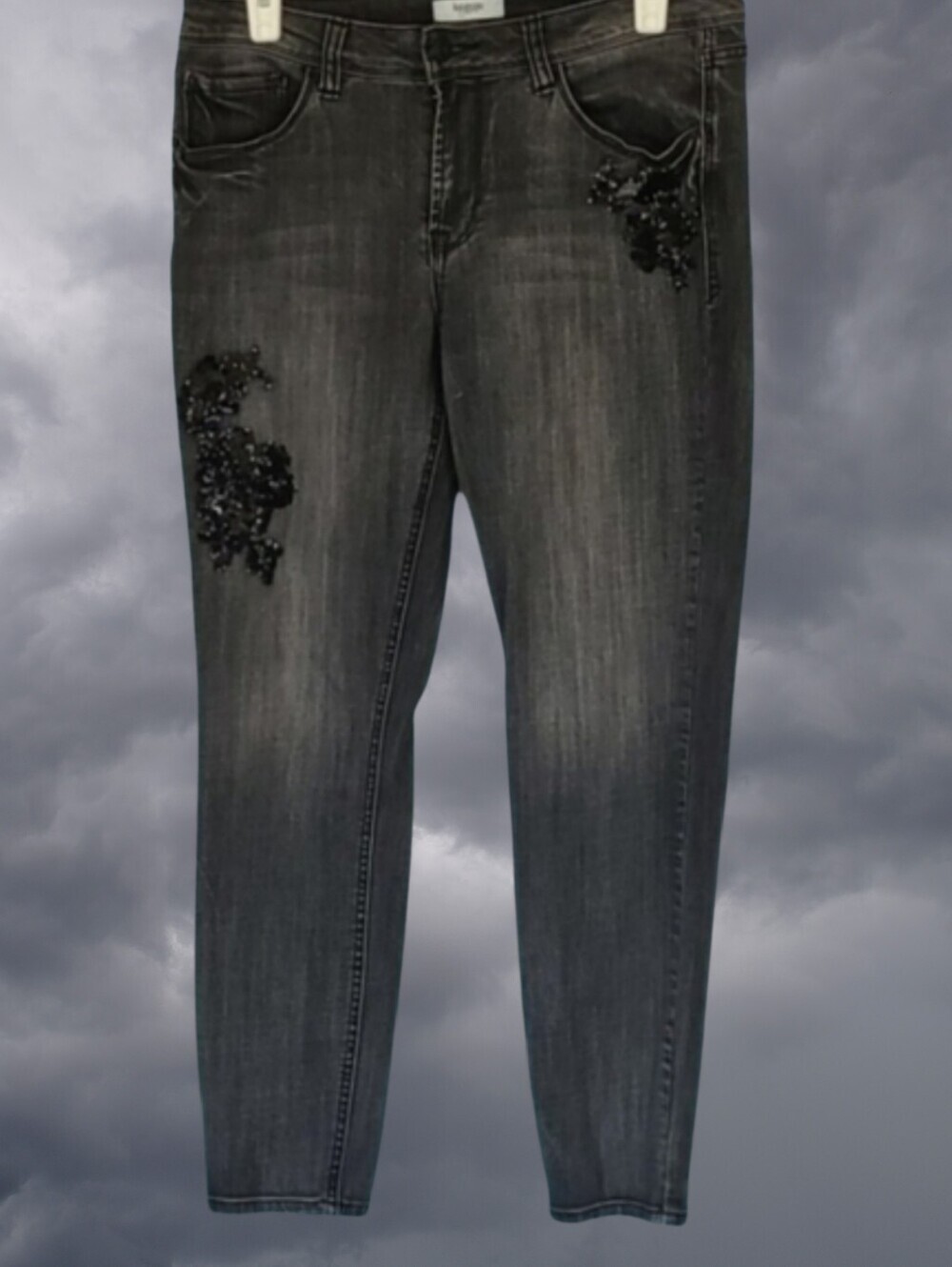 Y2K Kensie Faded Dark Gray Jeans Black Sequin Grunge Glam Punk Whimsigoth Denim